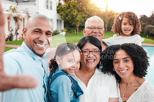 Image of Selfie, big family and bonding on vacation, trip or travel break outside of holiday house. Portrait, love and children with parents and grandparents pose, smile and hug for photo or profile picture