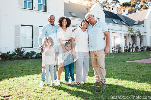 Image of Family, children and portrait outdoor with parents and grandparents in backyard with love and care. Happy kids, men and women together for support, peace and quality time with young and senior people