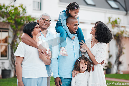 Image of Happy, smile or affectionate with big family at home for bonding, generations or care. Happiness, weekend and grandparents with girls, kids or parents in garden of house for support, cheerful and joy