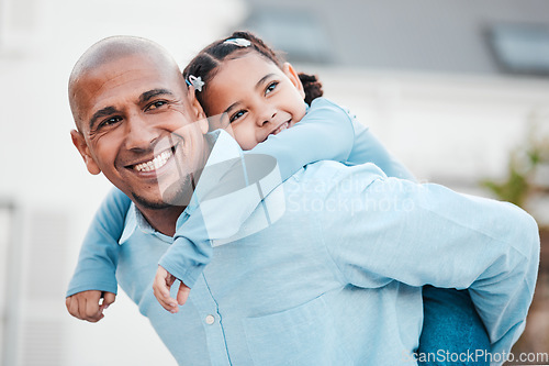 Image of Family, piggy back and father carry girl in home garden for bonding, quality time and playing outdoors. Love, relax and happy dad with child with smile on summer vacation, weekend and holiday break