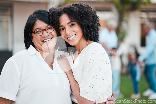 Image of Portrait, family and mother with adult daughter, hug and happiness for wellness, affection and bonding outdoor. Face, happy woman and mama embrace, cheerful and smile in backyard, support or together