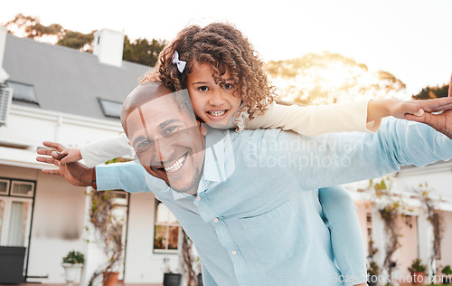 Image of Family, portrait and father with girl in piggyback game, home garden bonding and quality time playing. Love, flying and happy dad carrying child with smile on summer vacation, weekend and holiday