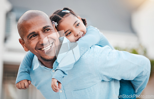 Image of Family, smile and dad with girl on back relax in home garden for bonding, quality time and playing outdoors. Love, piggyback and happy father carry child on summer vacation, weekend and holiday