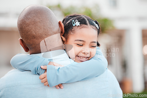 Image of Family, hug and father with girl in garden for bonding, quality time and childcare outdoors. Love, embrace and dad hugging happy child with smile on summer vacation, weekend and holiday in backyard