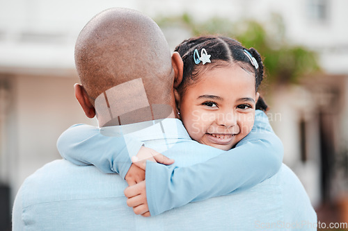 Image of Family, hug and father with portrait of girl relaxing in home garden for bonding, quality time and love outdoors. Happy, embrace and dad and child with smile on summer vacation, weekend and holiday