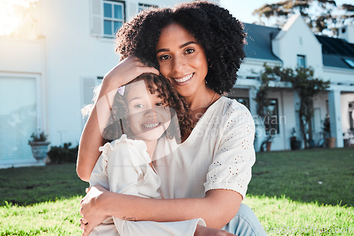 Image of Hug, garden and portrait of mother with girl relax in backyard for bonding, quality time or together outdoors. Love, family home or mom smile with child embrace on summer vacation, weekend or holiday