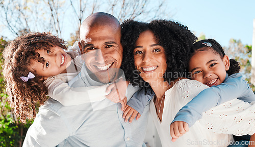 Image of Family, children and parents portrait outdoor with love and care for piggyback or play a game for fun in backyard. Smile of woman, man and girl kids in nature to relax together with a hug for support