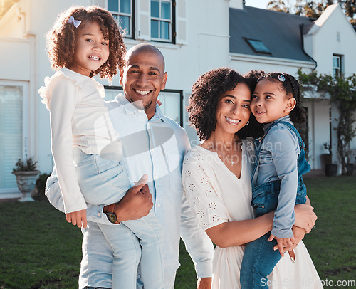 Image of Family, portrait and outdoor with parents and children in backyard for love and care. Happy kids, man and woman together for support, peace or quality time for hug and smile or security at house