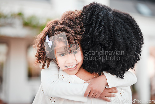 Image of Portrait of girl hugging mother for love, affection and bonding in garden for relaxing, quality time and care outdoors. Family, smile and mom in child embrace on summer vacation, weekend and holiday