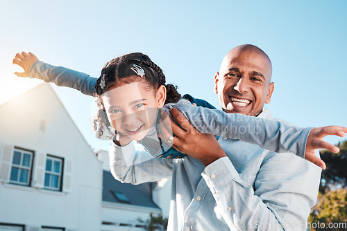 Image of Family, portrait and father lifting girl in air for garden bonding, quality time and playing outdoors together. Flying, happiness and dad carry child on summer vacation, weekend and holiday at home