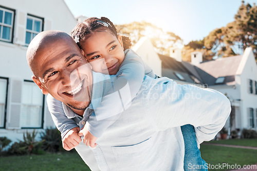 Image of Family, happy and father carry girl relax in home garden for bonding, quality time and playing outdoors. Love, new house and dad piggy back child with smile on summer vacation, weekend and freedom