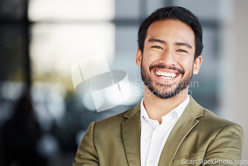 Image of Happy, laughing and portrait of man in office for business, professional and executive. Mission, happiness and pride with Asian employee in startup agency for entrepreneur, agent and joy with mockup