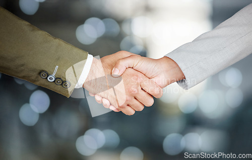 Image of Business people, handshake and partnership, agreement or welcome with deal, onboarding and thank you. Collaboration, professional and team shaking hands on blurred background bokeh in b2b solidarity