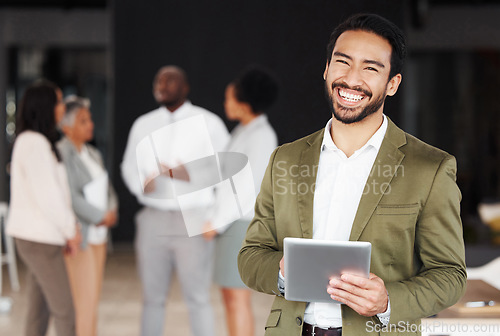 Image of Digital tablet, portrait and happy business man with team in office for meeting, planning and collaboration. Face, asian male and leader online with group of people for creative startup mission plan