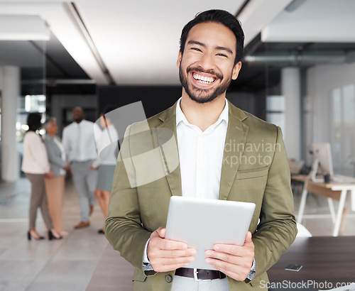 Image of Digital tablet, happy and portrait of asian man with office team for meeting, planning or solution. Face, smile and male leader online with group of business people for startup, mission or management