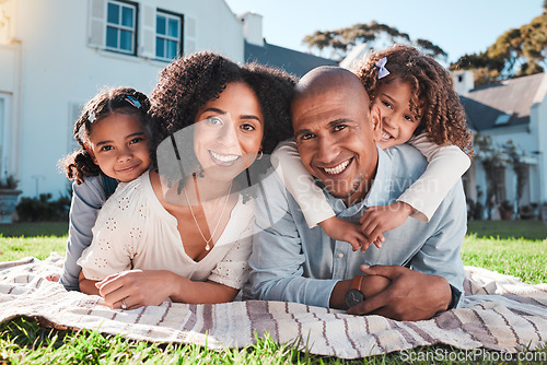 Image of Family, children and parents portrait outdoor in backyard for love, picnic and care. Happy kids, man and woman together for support, peace or quality time with a hug and smile for security or holiday