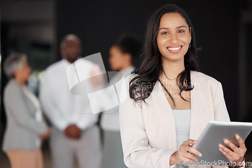 Image of Business woman, portrait and tablet in leadership for meeting, planning or teamwork schedule at the office. Happy and confident female leader or manager smiling with touchscreen for team management