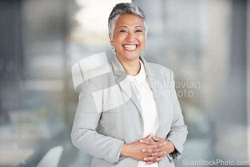 Image of Happy, senior and portrait of woman in office for business, professional and executive. Mission, happiness and pride with employee in startup agency for entrepreneur, agent and joy with mockup