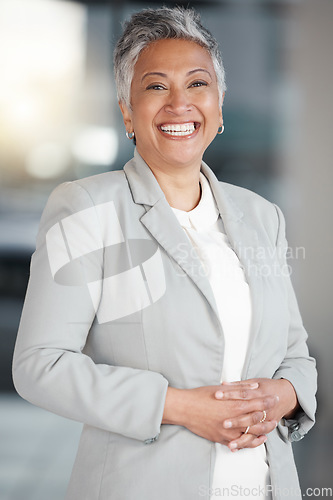 Image of Happy, business and portrait of woman in office for manager, professional and executive. Mission, happiness and pride with senior female employee in startup agency for entrepreneur, agent and joy