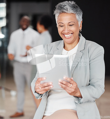 Image of Business, smile and mature woman with tablet, connection and online reading for information. Female entrepreneur, manager or employee with device, technology and management with leadership skills