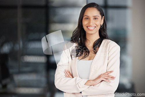 Image of Happy, arms crossed and portrait of woman in office for business, professional and executive. Mission, happiness and pride with employee in startup agency for entrepreneur, agent and joy with mockup