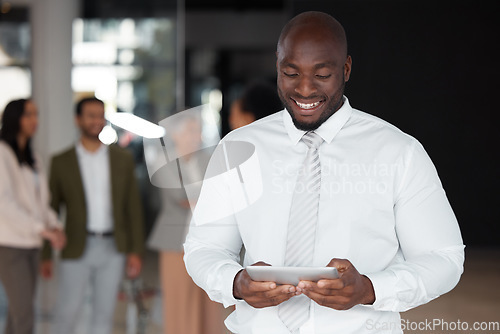 Image of Digital tablet, happy and black man with team in office for meeting, planning or coworking schedule. Cheerful, smile and male leadership online with group of business people for startup mission or