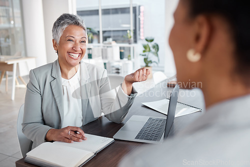 Image of Happy meeting, planning and business women advice, teamwork or discussion for career, project or b2b networking. Proposal, ideas and agency for professional people or clients conversation in office