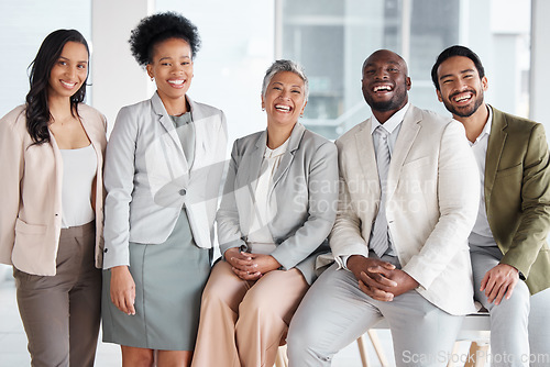 Image of Diversity, portrait and group of business people in the office posing together after a meeting. Collaboration, staff and multiracial team of colleagues or friends standing in the modern workplace.