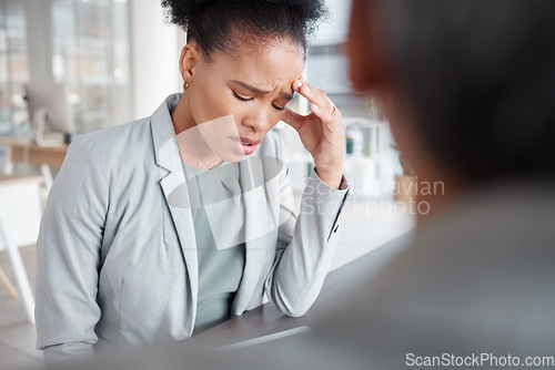 Image of Black woman in business, stress and mental health, counseling at work and psychology with corporate burnout. Support, company issued therapy and female with fatigue and headache, depression and help