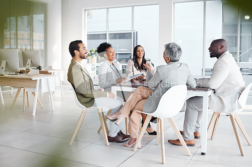 Image of Meeting, diversity and business team planning in the office for a corporate project. Collaboration, teamwork and group of professional employees working on company strategy report in the workplace.