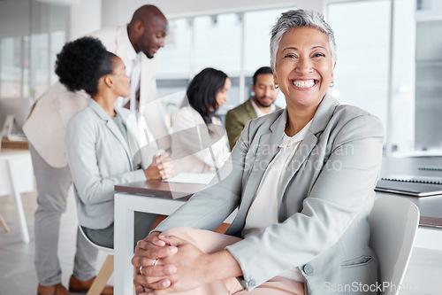 Image of Portrait, meeting and a business woman in the boardroom with a positive mindset for planning or strategy. Corporate, professional and vision with a senior female employee sitting in her work office