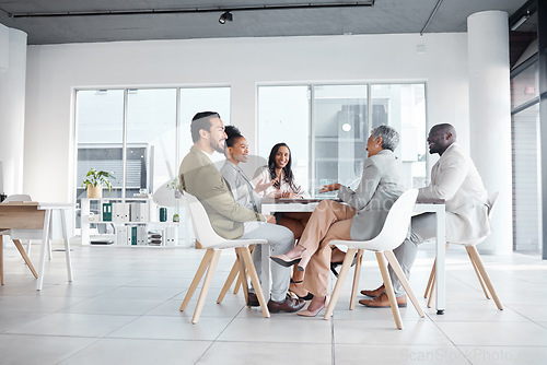 Image of Meeting, discussion and business people planning in the office for a corporate project. Collaboration, teamwork and group of professional employees working on company strategy report in the workplace