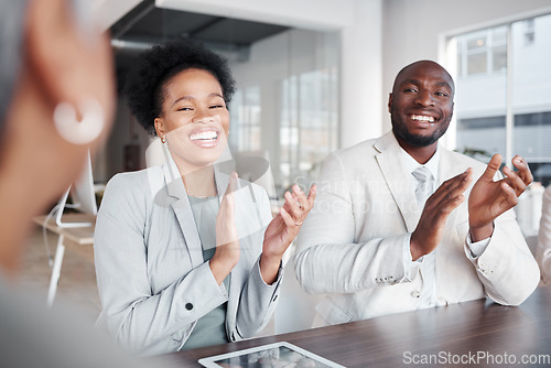 Image of Business people, applause and meeting in teamwork, collaboration or conference at the office. Happy employees clapping hands in congratulations for team success, support or promotion at the workplace