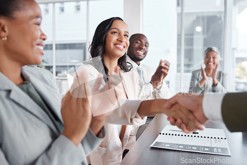 Image of Happy business people, hand shake and success in meeting, support and applause, hiring or team onboarding. Collaboration, shaking hands and congratulations, promotion and achievement with diversity