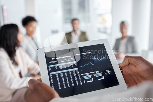 Image of Tablet in hands, screen and stock market dashboard, statistics with data analytics, business people in meeting and graph. Trading, closeup and digital device with analysis, information and fintech