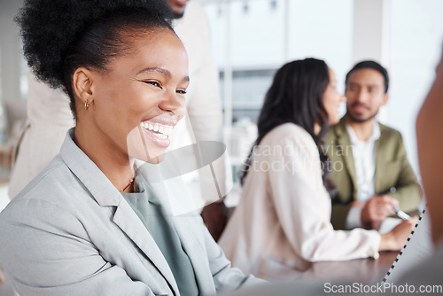 Image of Business, employee and black woman with smile, planning and meeting for startup, profit growth and share ideas. African American female leader, consultant or worker with happiness, success and joyful