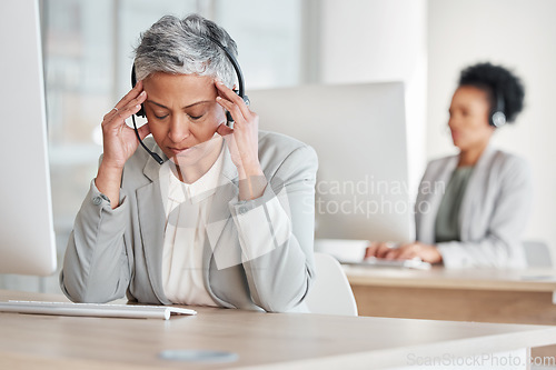 Image of Tired call center woman with headache, fatigue and pain on computer customer support, telecom working or virtual help desk. Burnout agent, stress consultant or manager person with migraine at office