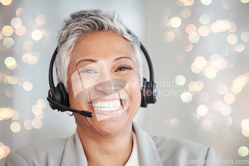 Image of Senior woman, call center and face, happy with contact us and CRM, consultant in portrait with headset and smile. Professional success, female and customer service agent on background with bokeh