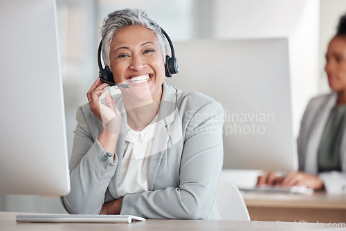 Image of Call center, portrait and happy woman agent, consultant or indian worker in telemarketing service or technical support. Face of telecom, virtual communication or web help desk person on workspace PC