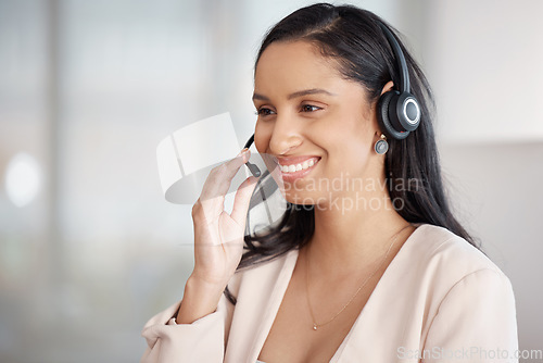 Image of Callcenter consultant, woman and CRM, happy with phone call, communication and contact us. Female with smile, customer support or telemarketing agent, headset and help desk employee with mockup
