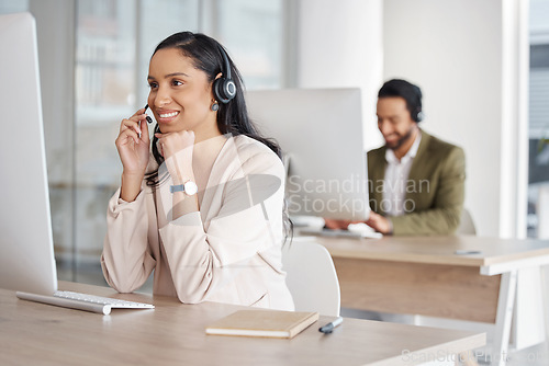 Image of Call center, team and woman consulting for crm, telemarketing and customer service with a smile. Happy, workforce and lady consultant in office for online help, support, faq or contact us for advice