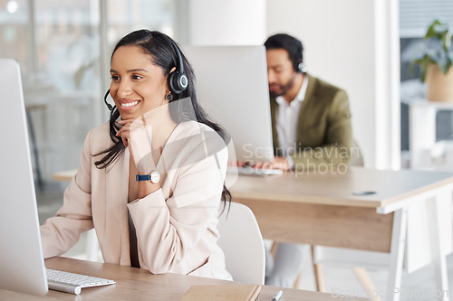 Image of Call center, woman and team consulting for crm, telemarketing and customer service with a smile. Happy, workforce and lady consultant in office for online help, support, faq or contact us for advice