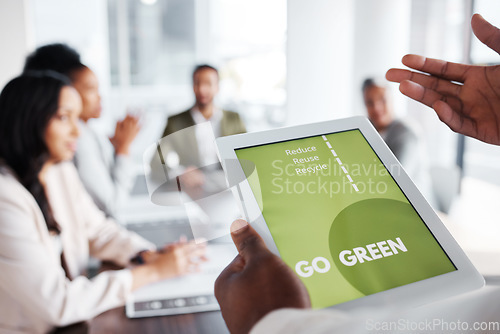 Image of Go green, business meeting and people on tablet screen for sustainable project, eco friendly investment and growth. Paperless or vegan presentation, sustainability and man speaker speaking to clients