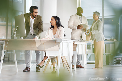 Image of Call center team, training with consultant and mentor, CRM and contact us with happy people collaboration. Customer service, telemarketing and tech support with man and woman together at computer