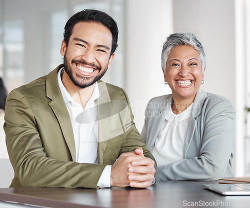 Image of Business people, portrait smile and partnership at office for corporate leadership or management. Happy asian businessman and woman CEO smiling in teamwork, success or career ambition at workplace