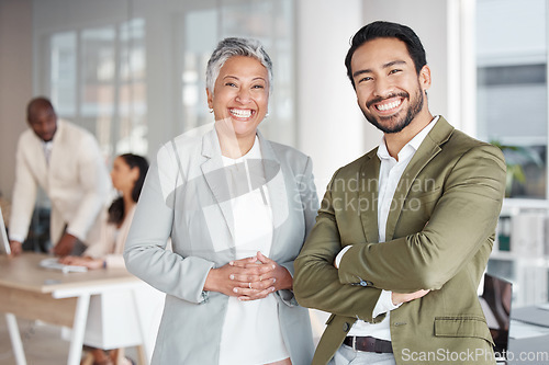 Image of Business people, portrait smile and arms crossed in partnership at office for corporate leadership. Happy asian businessman and woman CEO smiling in teamwork, success or career ambition at workplace