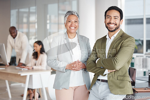 Image of Business people, portrait smile and leadership at office for corporate partnership or management. Happy asian businessman and woman CEO smiling in teamwork, success or career ambition at workplace