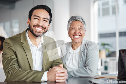 Image of Business people, portrait smile and management at office for corporate leadership or partnership. Happy asian businessman and woman CEO smiling in teamwork, success or career ambition at workplace