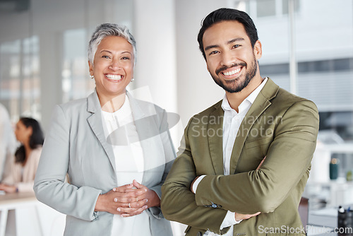 Image of Business people, portrait smile and team partnership at office for corporate leadership or management. Happy asian businessman or woman CEO smiling in teamwork success or career ambition at workplace