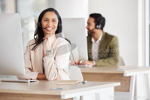 Image of Call center, smile and woman consulting for crm, telemarketing and friendly customer service. Happy, workforce and lady consultant in office for online help, support, faq or contact us for advice